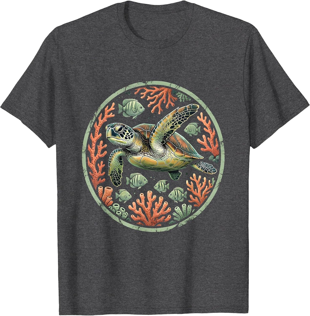 Sea Turtle Coral Reef Hawaiian Graphic T-Shirt - Dark Heather Grey