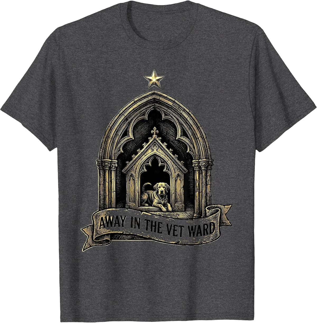Men's Away In The Vet Ward Gothic Veterinary Tech Christmas Humor T-Shirt - Dark Heather Grey