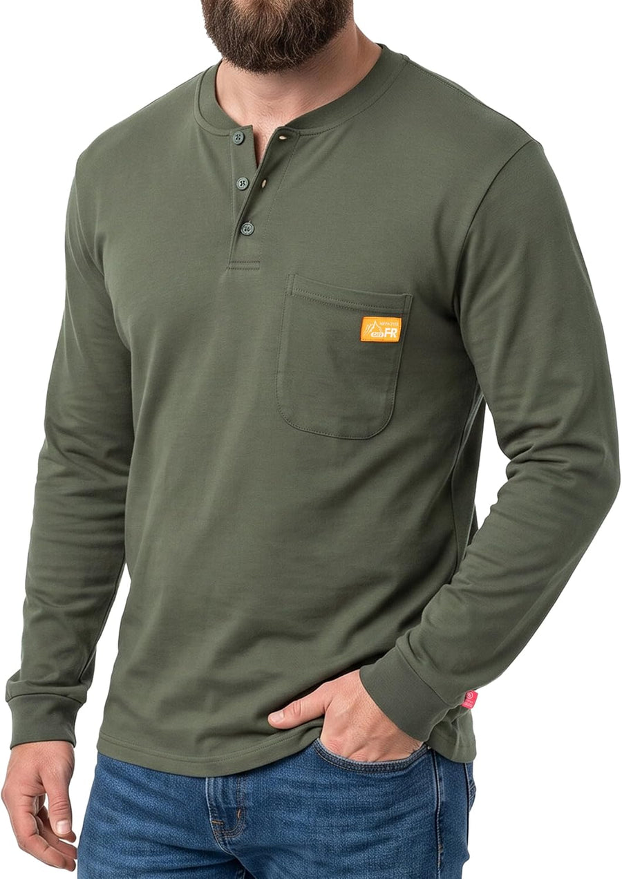 Titicaca FR Shirt for Men 7oz Henley Work Tee NFPA2112 CAT2 100%Cotton HRC2 - Gray
