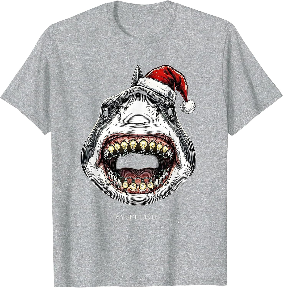 Men's My Smile Is Lit Funny Shark Santa Hat Christmas Lights Humor T-Shirt - Heather Grey