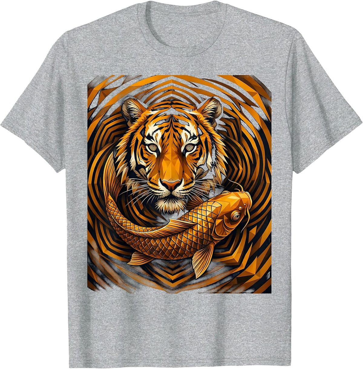 Men's Tiger and Koi Fish Swirling Water Graphic T-Shirt - Heather Grey