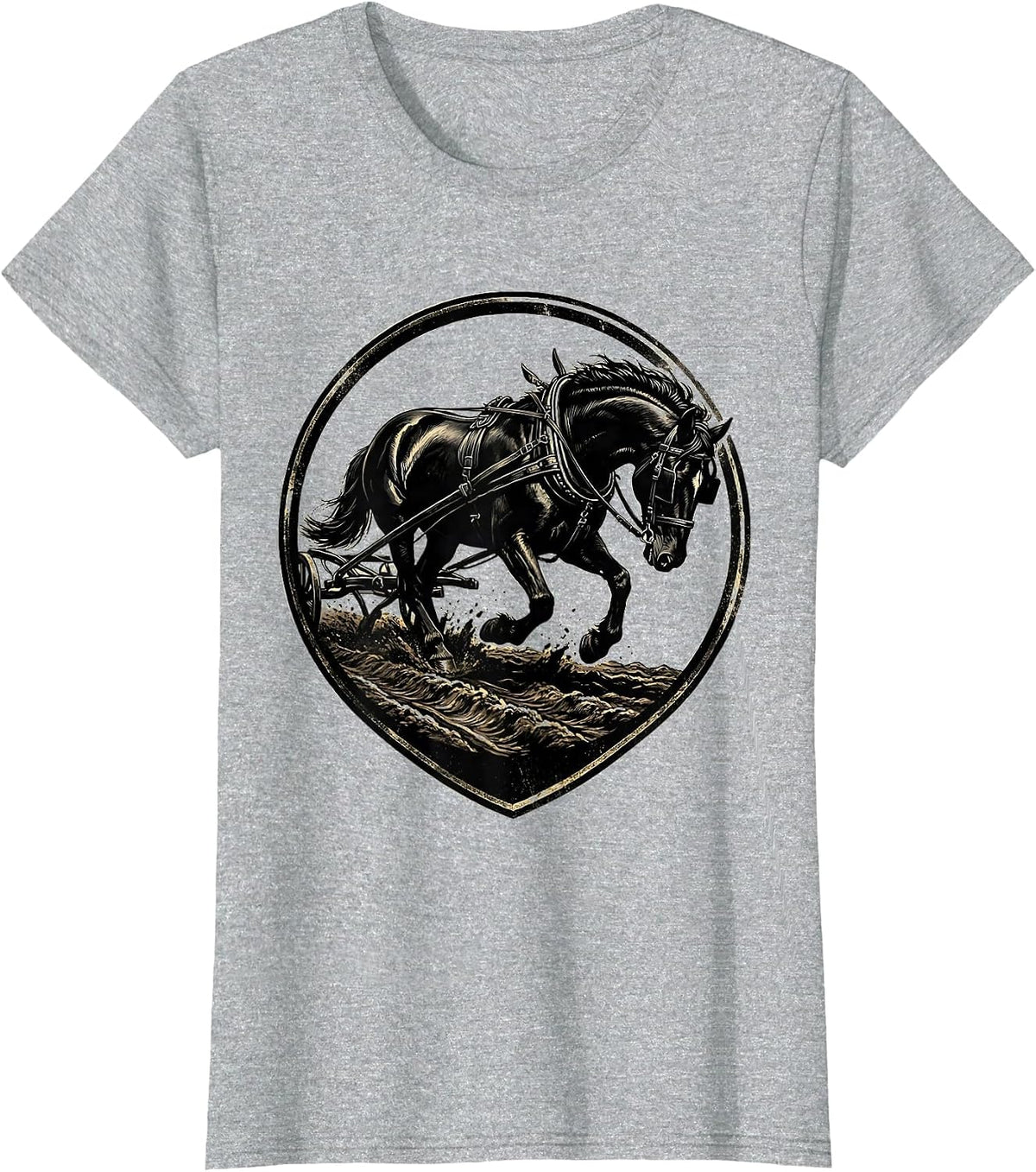 Draft Horse Pulling Plow Through Mud Illustration T-Shirt - Heather Grey