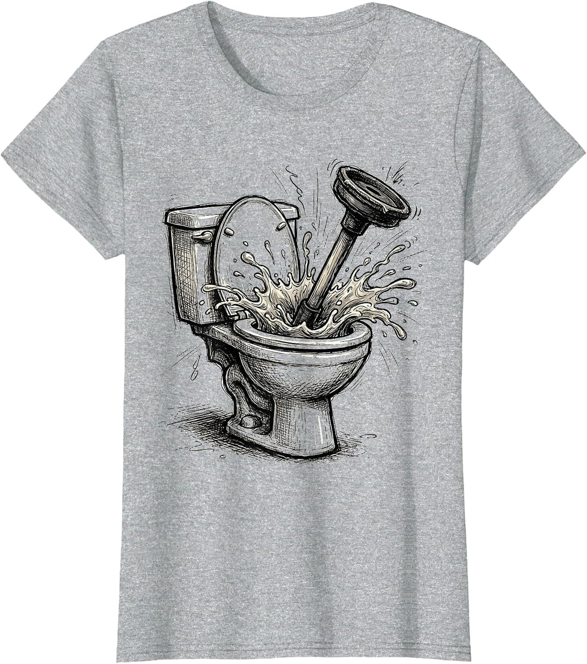 Overflowing Toilet Plunger Stuck Funny Graphic T-Shirt - Heather Grey