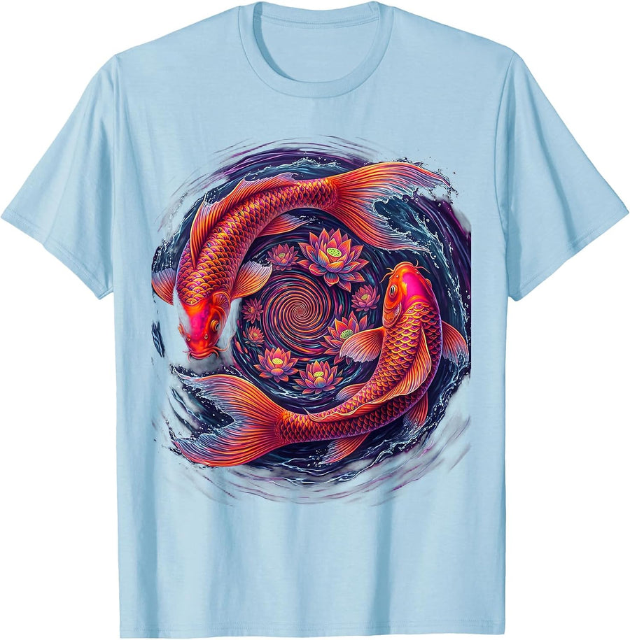 Men's Pink Tie Dye Koi Fish Swirling Water Illustration T-Shirt - Baby Blue
