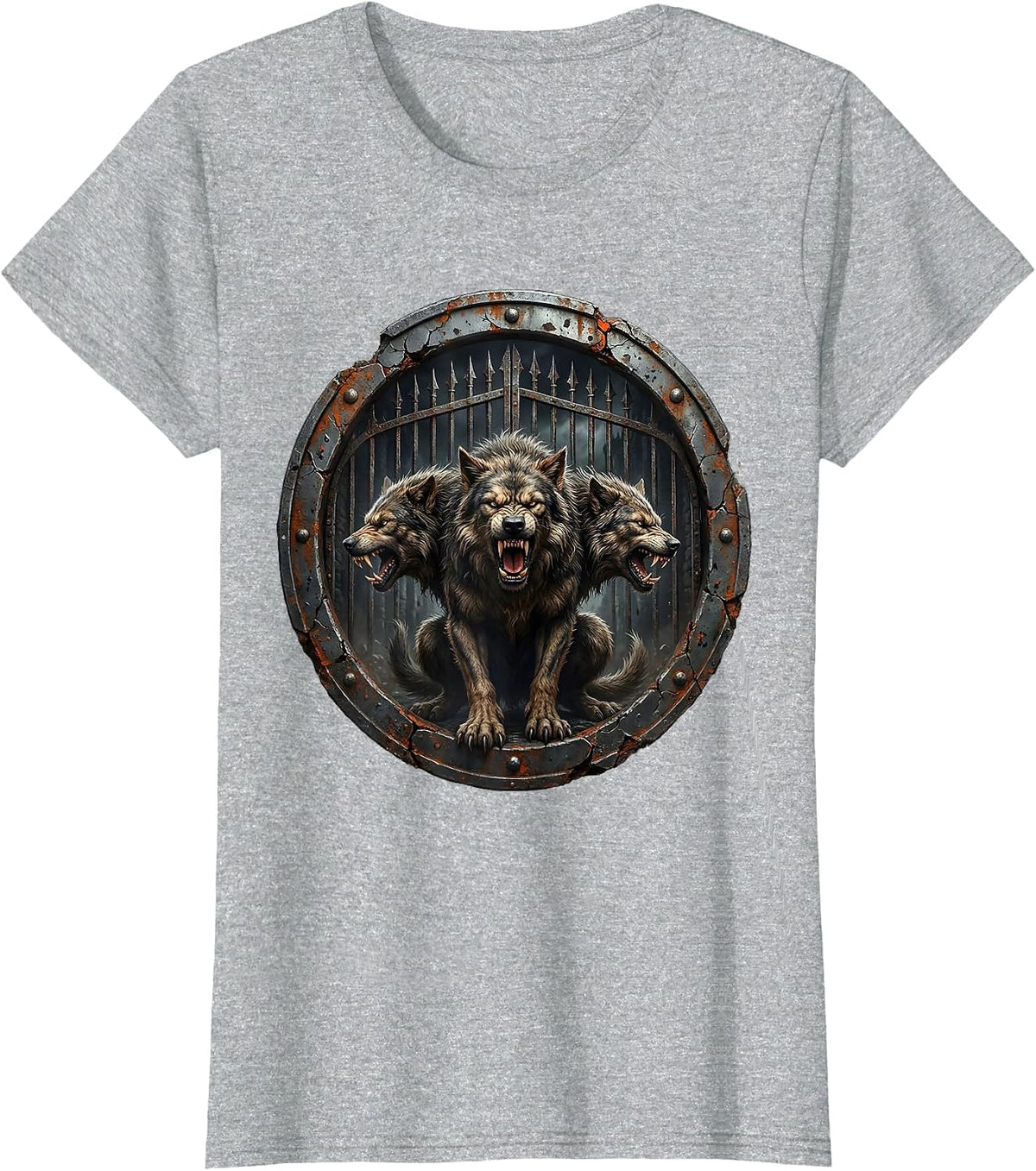 Three-Headed Dog Iron Fortress Gates Heavy Metal T-Shirt - Heather Grey