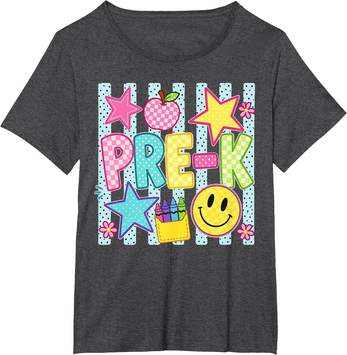 Striped Preppy Preschool Back to School Teacher Girl Kids T-Shirt - Dark Heather Grey