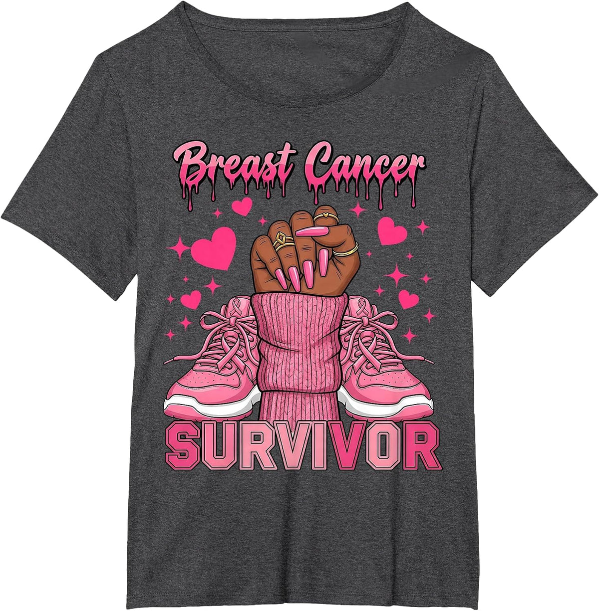 Breast Cancer Awareness Warrior Black Women Melanin Survivor T-Shirt - Dark Heather Grey