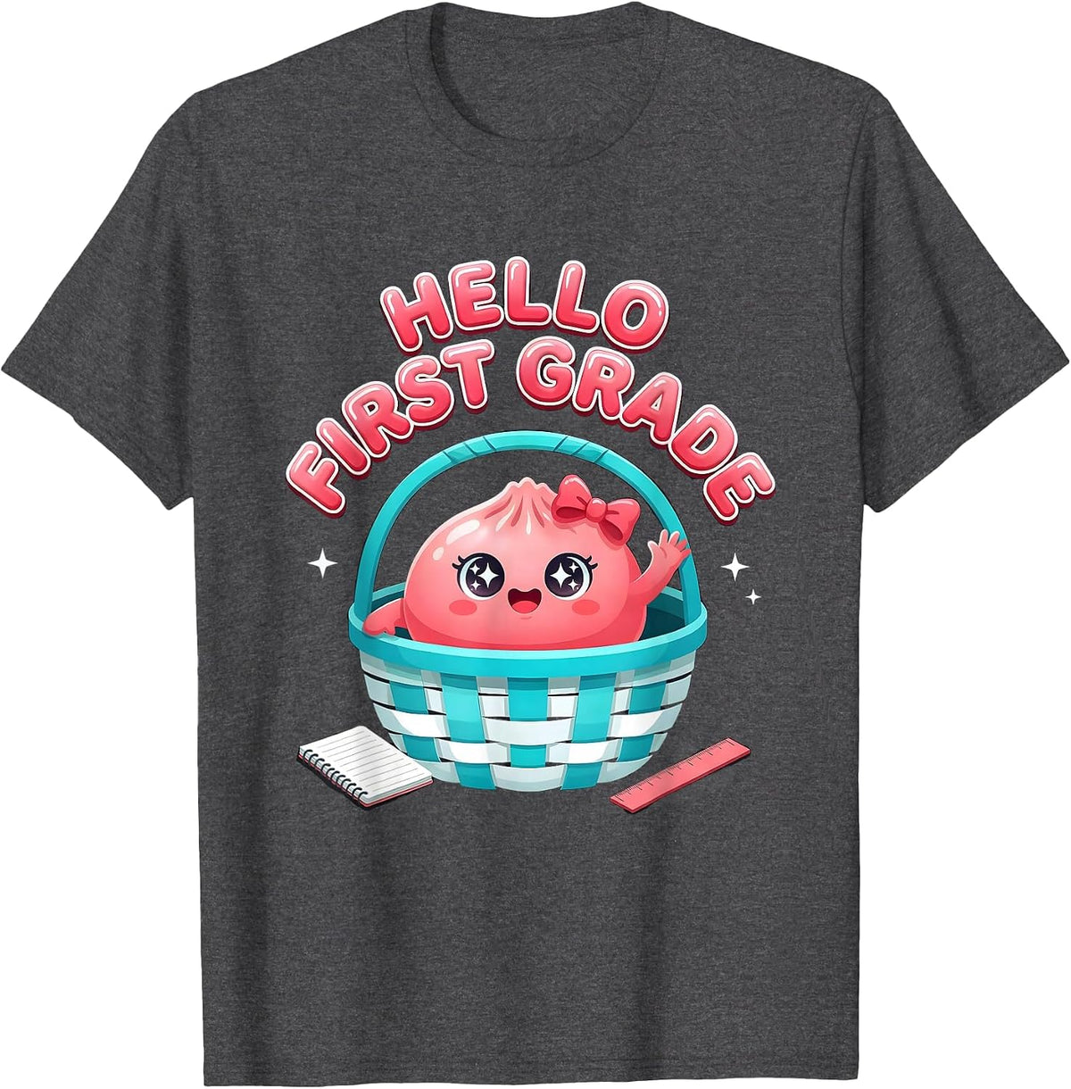 Men's Hello First Grade Cute Dumpling Back to School Girl Teacher T-Shirt - Dark Heather Grey