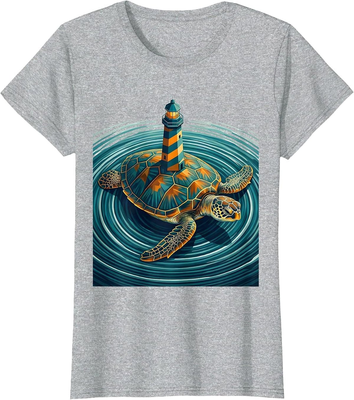 Giant Sea Turtle With Lighthouse On Back T-Shirt - Heather Grey