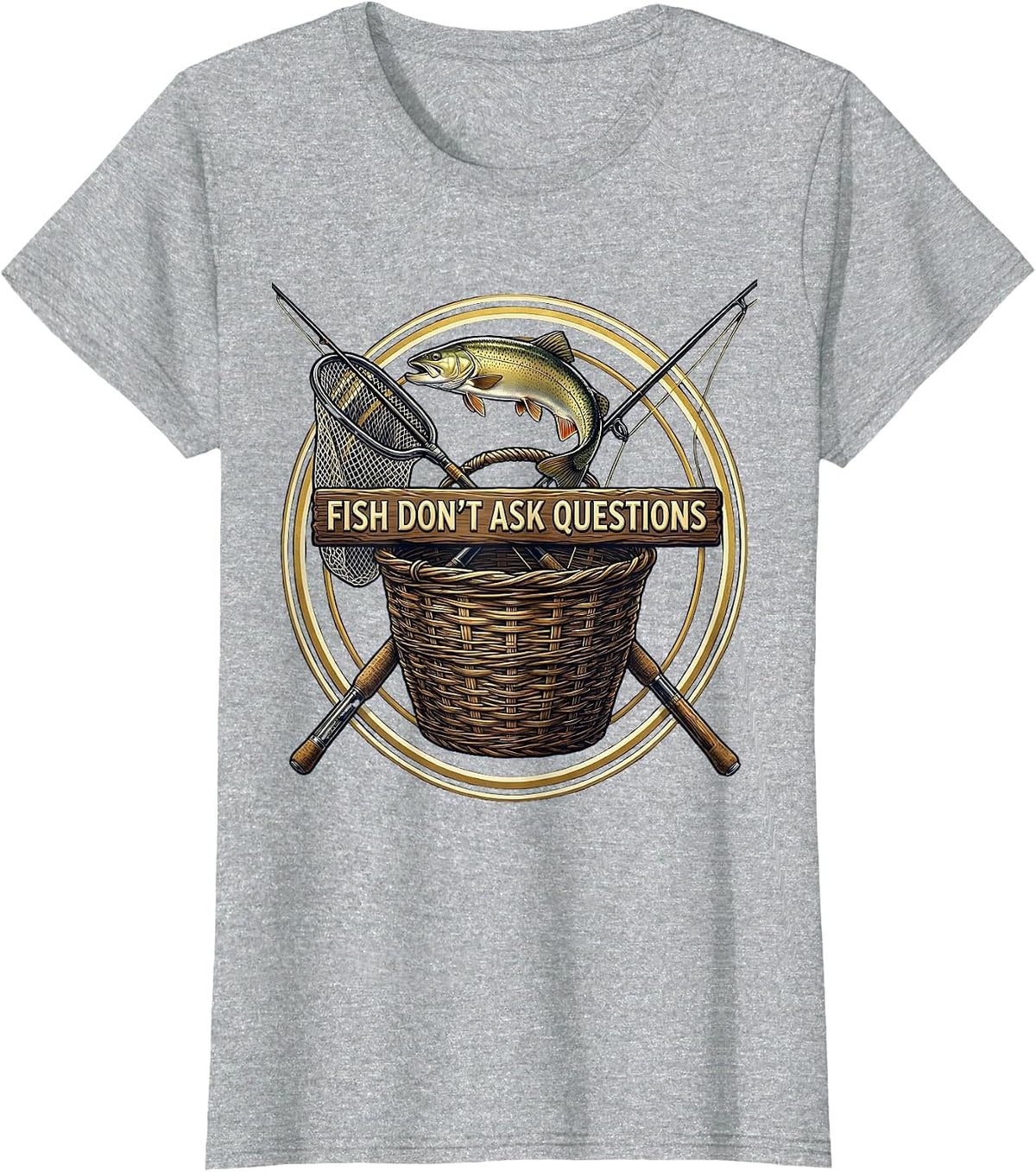 Fish Don't Ask Questions Reel Life Design T-Shirt - Heather Grey