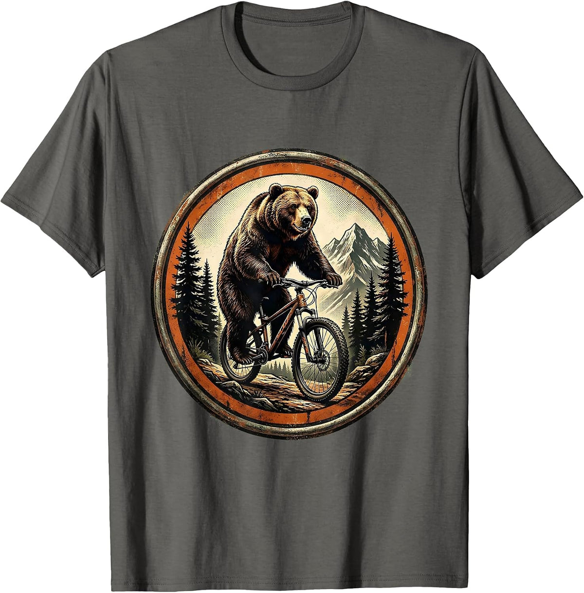 Bear on Mountain Bike Forest Trail Graphic T-Shirt - Asphalt Grey