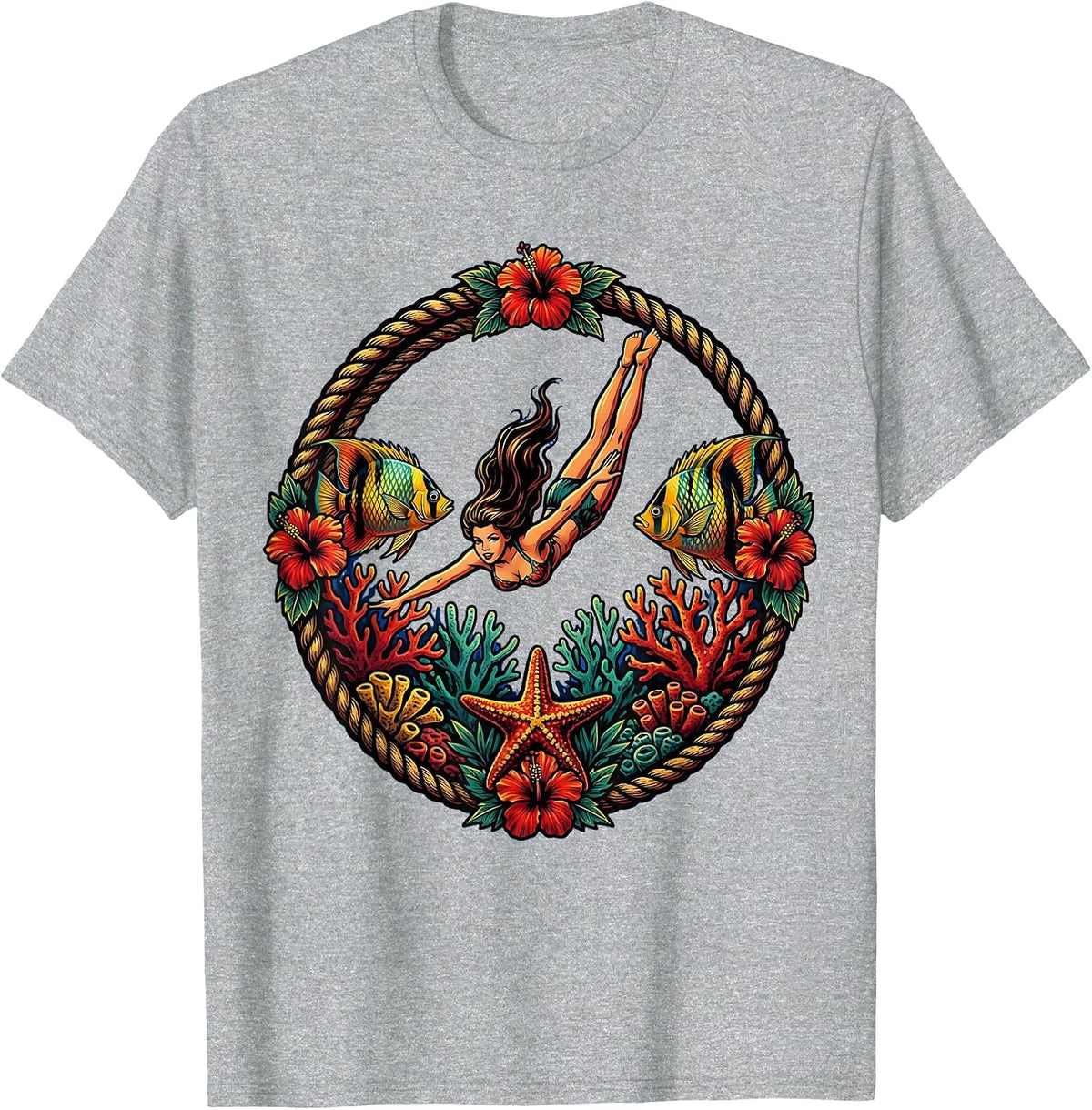 Men's Hawaiian Girl Diving Coral Reef Graphic Design T-Shirt - Heather Grey