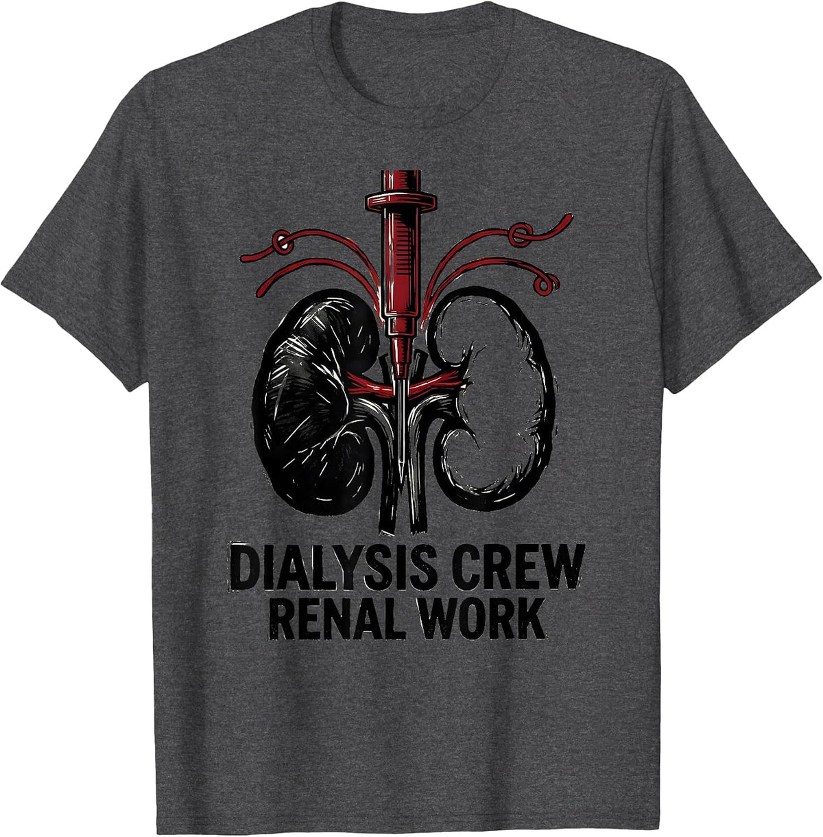 Men's Dialysis Crew Renal Work Linocut Nephrology Nurse Gift T-Shirt - Dark Heather Grey