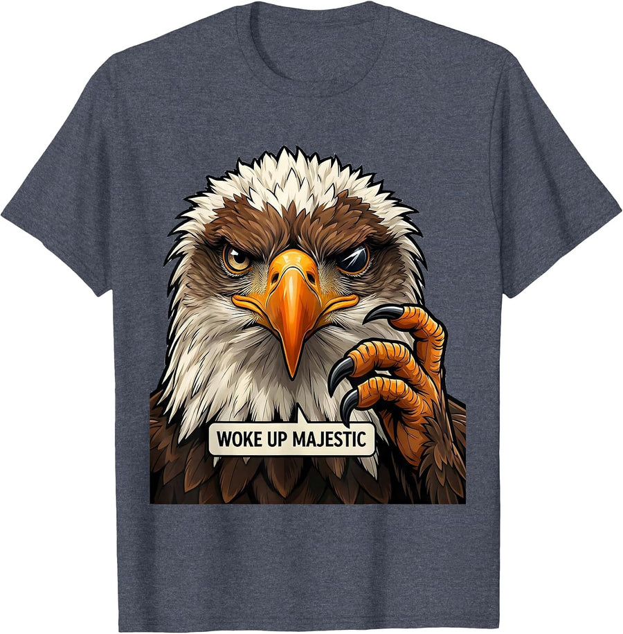 Woke Up Majestic Cartoon Bald Eagle Mascot Bird Lover Humor T-Shirt - Heather Blue