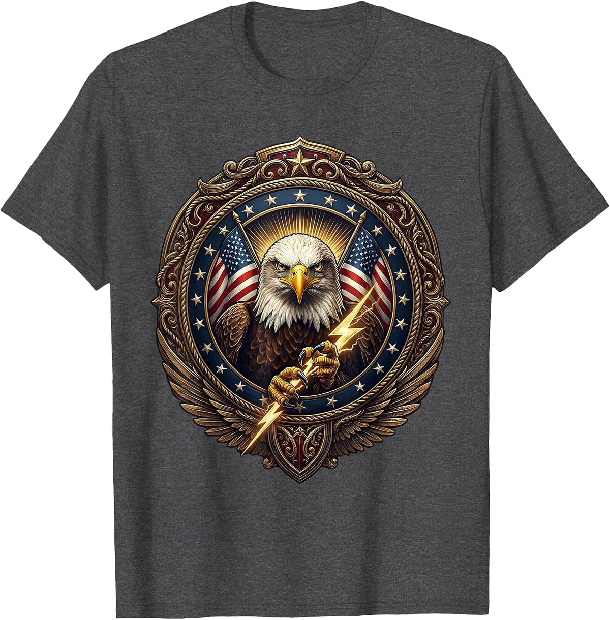 Men's Bald Eagle Lightning Bolt American Power Design T-Shirt - Dark Heather Grey