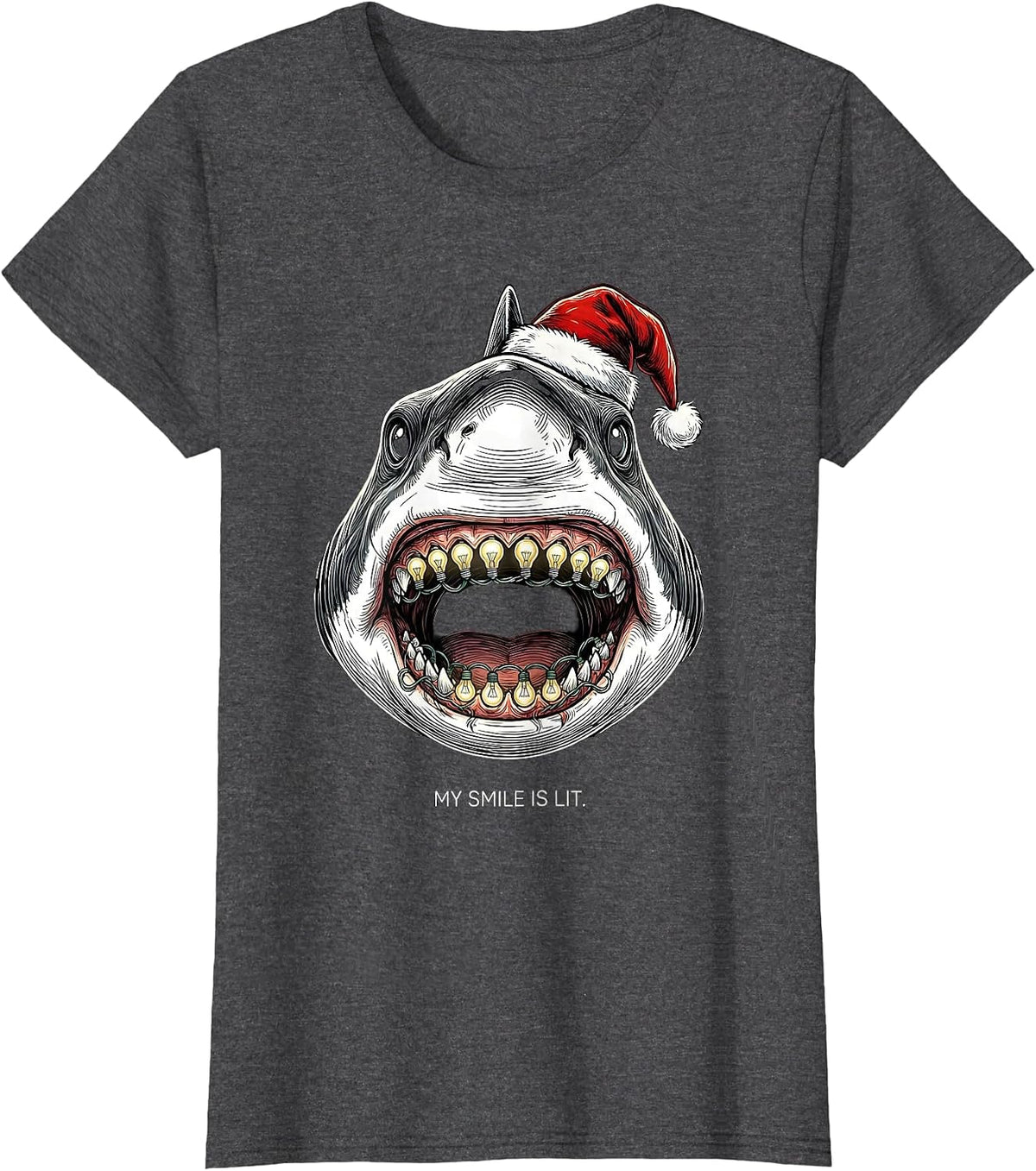 Women's My Smile Is Lit Funny Shark Santa Hat Christmas Lights Humor T-Shirt - Dark Heather Grey