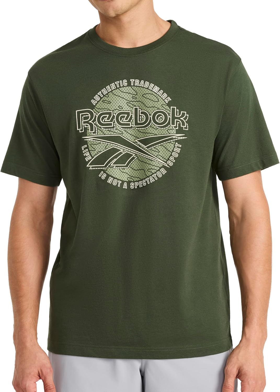 Reebok Men's Short Sleeve Graphic Crewneck T-Shirt, Standard Fit, Lightweight Cotton-Poly Fabric - Duffel Bag - Meridian