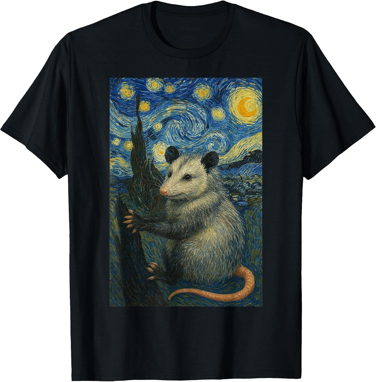 Possum Van Gogh Starry Night Style, Rodent Opossum Men Women T-Shirt - Black