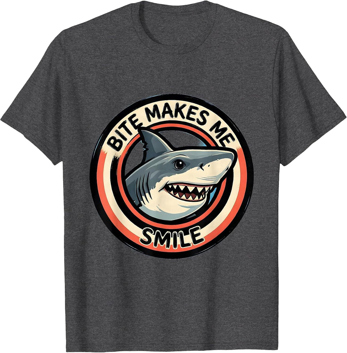 Men's Bite Makes Me Smile Playful Shark Lover Ocean Wildlife Humor T-Shirt - Dark Heather Grey