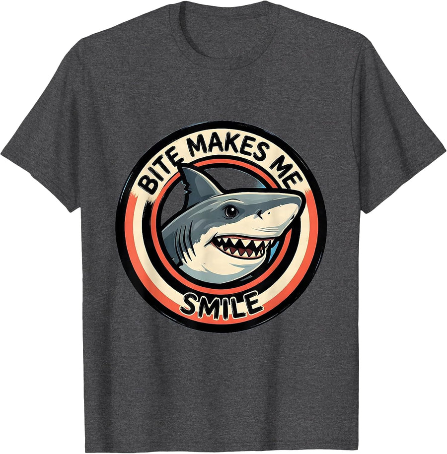 Men's Bite Makes Me Smile Playful Shark Lover Ocean Wildlife Humor T-Shirt - Dark Heather Grey
