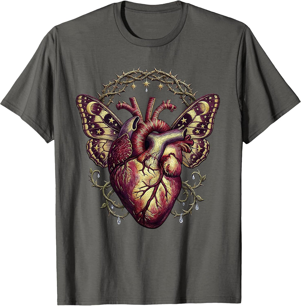 Emo Anatomical Heart With Wings and Stitches T-Shirt - Asphalt Grey