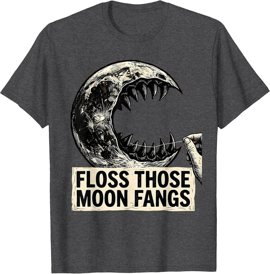 Men's Floss Those Moon Fangs Linocut Halloween Dental Hygienist T-Shirt - Dark Heather Grey