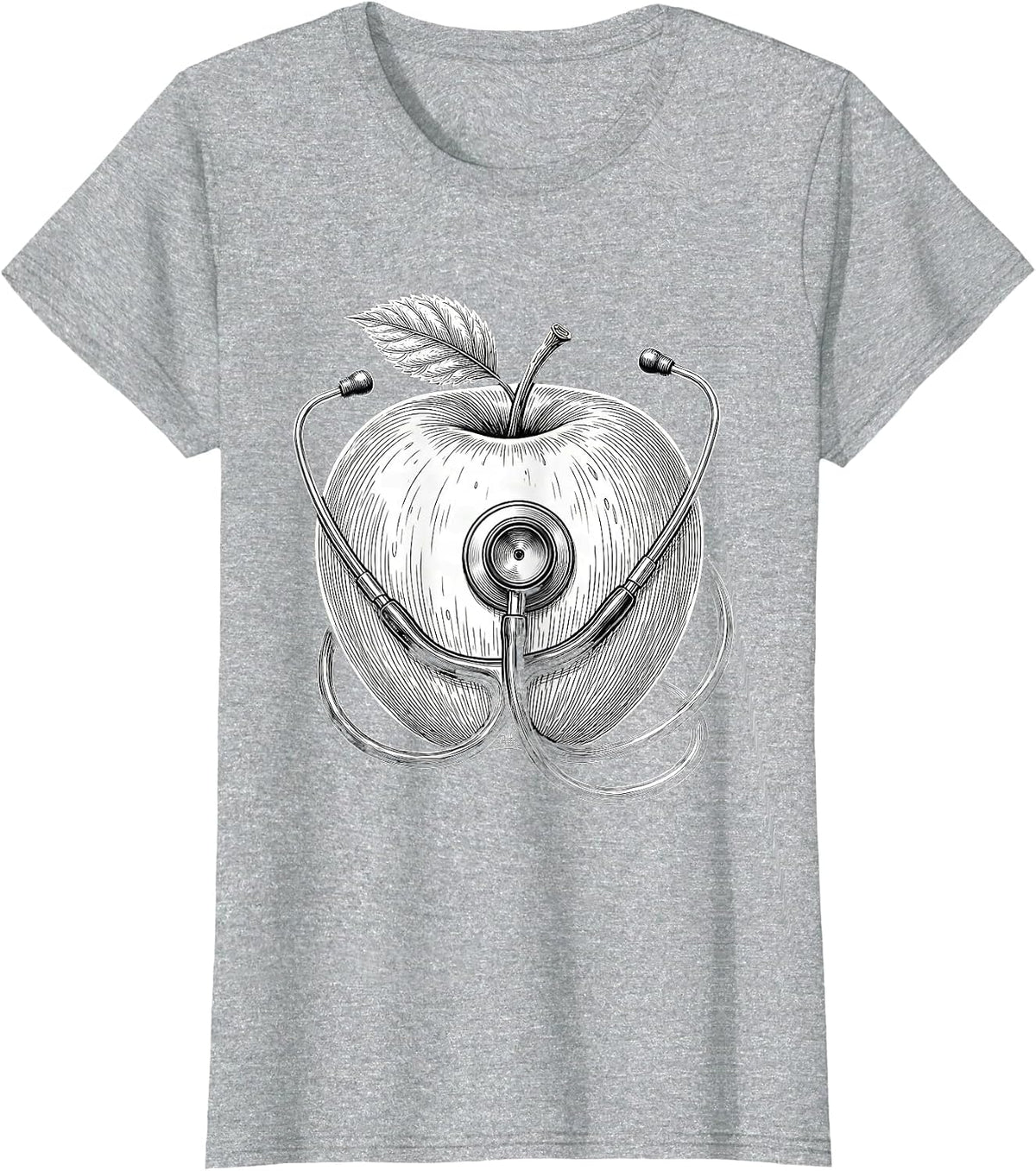 School Nurse Stethoscope Apple Graphic T-Shirt - Heather Grey