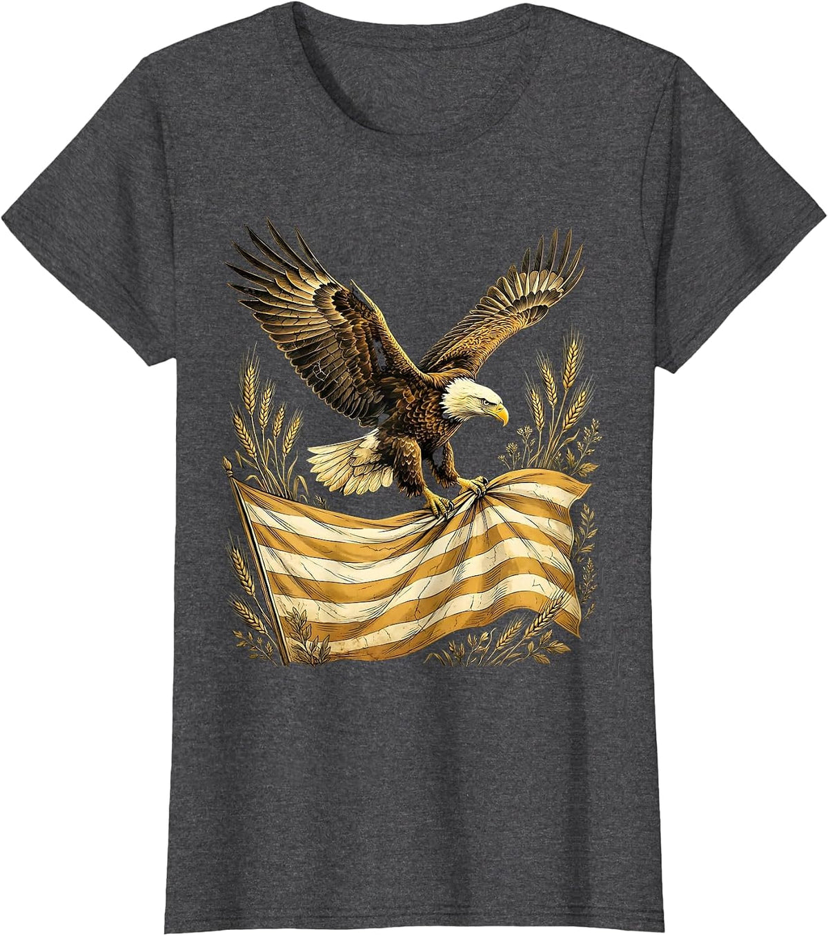Women's Bald Eagle in Flight Over Waving Flag Illustration T-Shirt - Dark Heather Grey