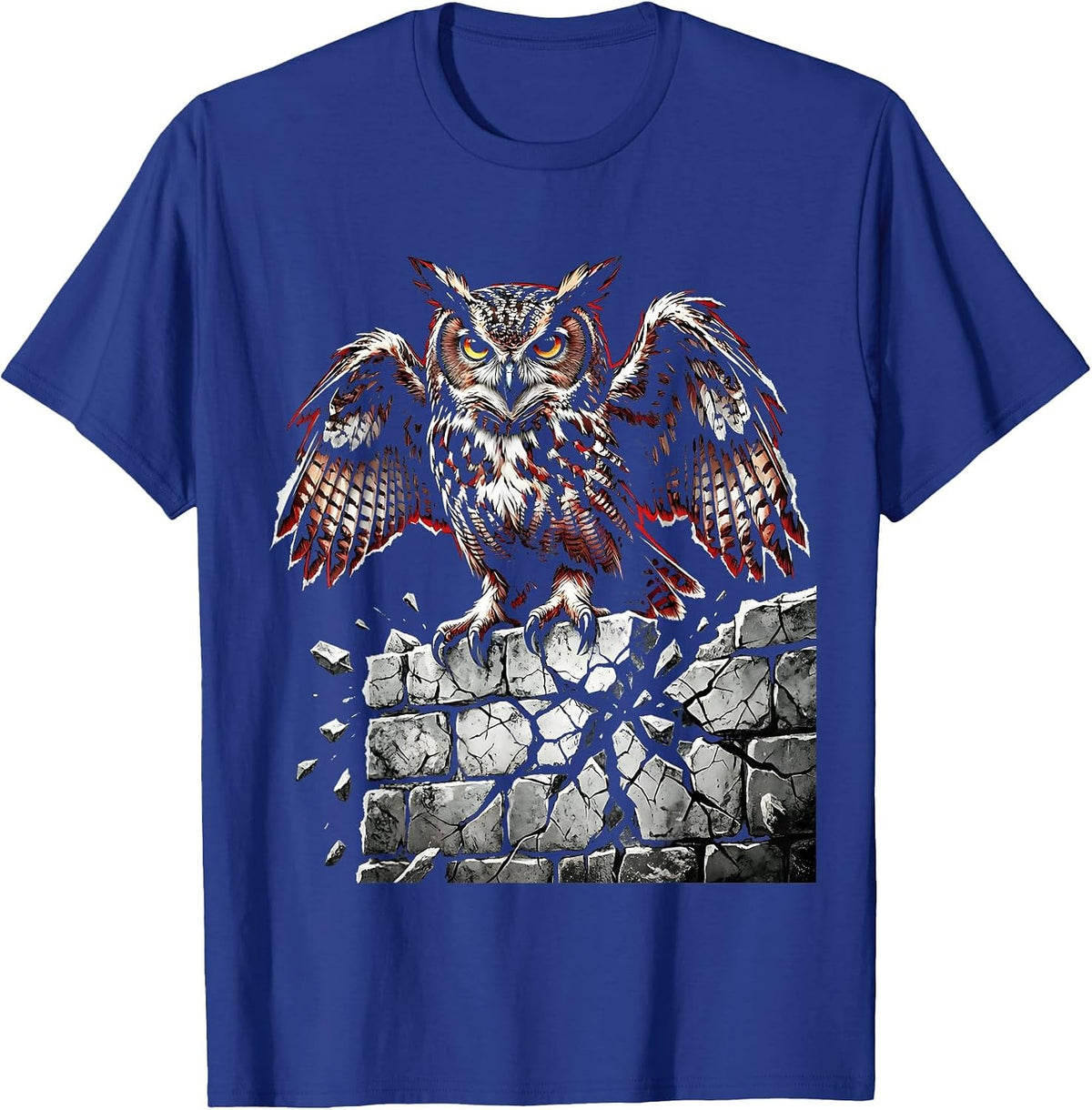 Owl on Crumbling Stone Wall Free Speech Design T-Shirt - Royal Blue