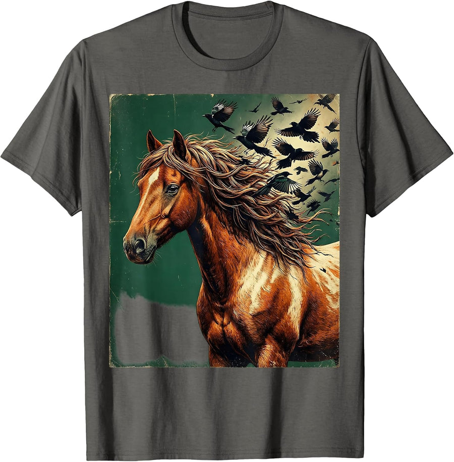 Horse Mane Into Birds Dissolving Wildlife Art T-Shirt - Asphalt Grey