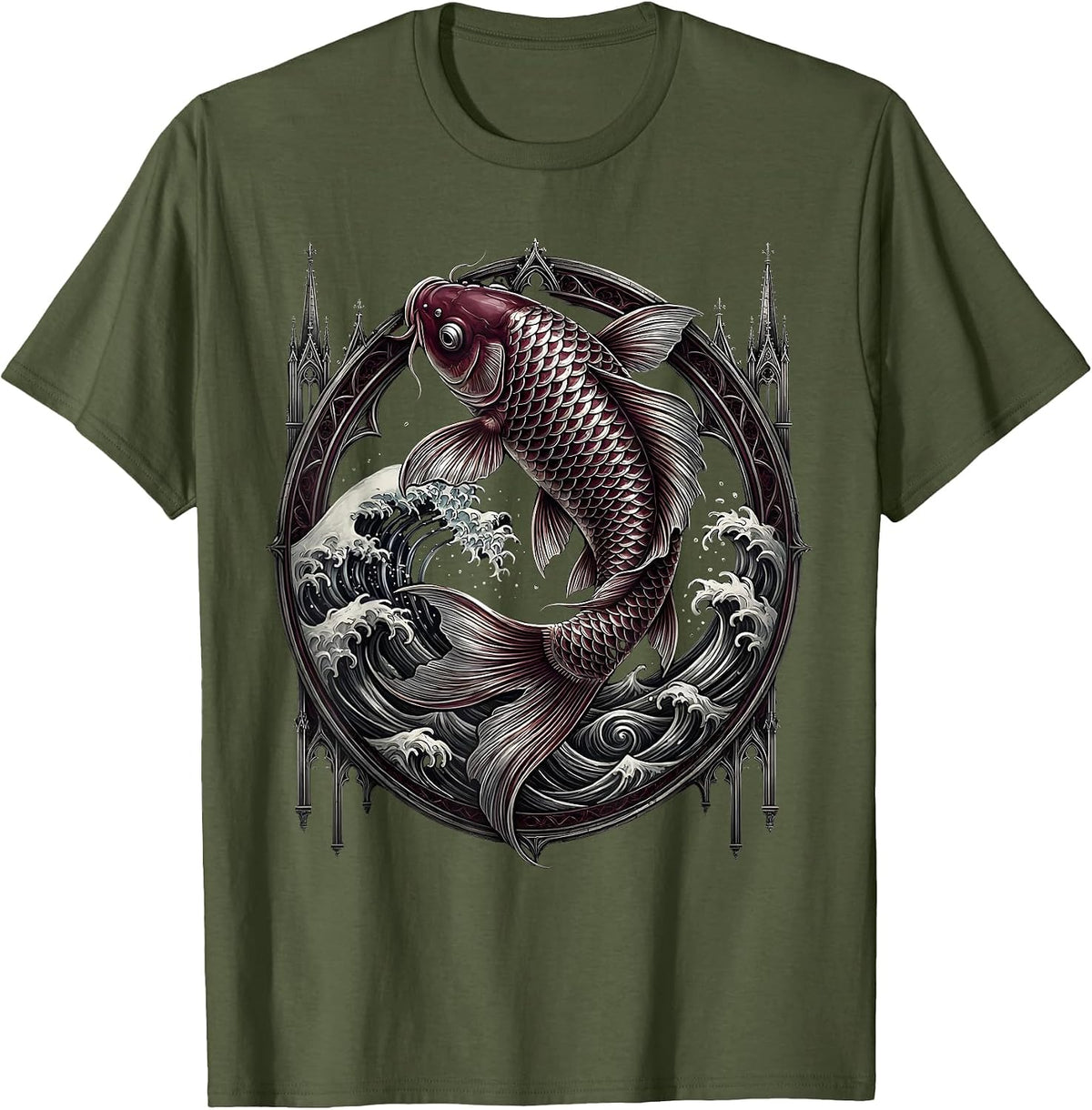 Koi Fish Leaping Through Crashing Waves T-Shirt - Olive Green
