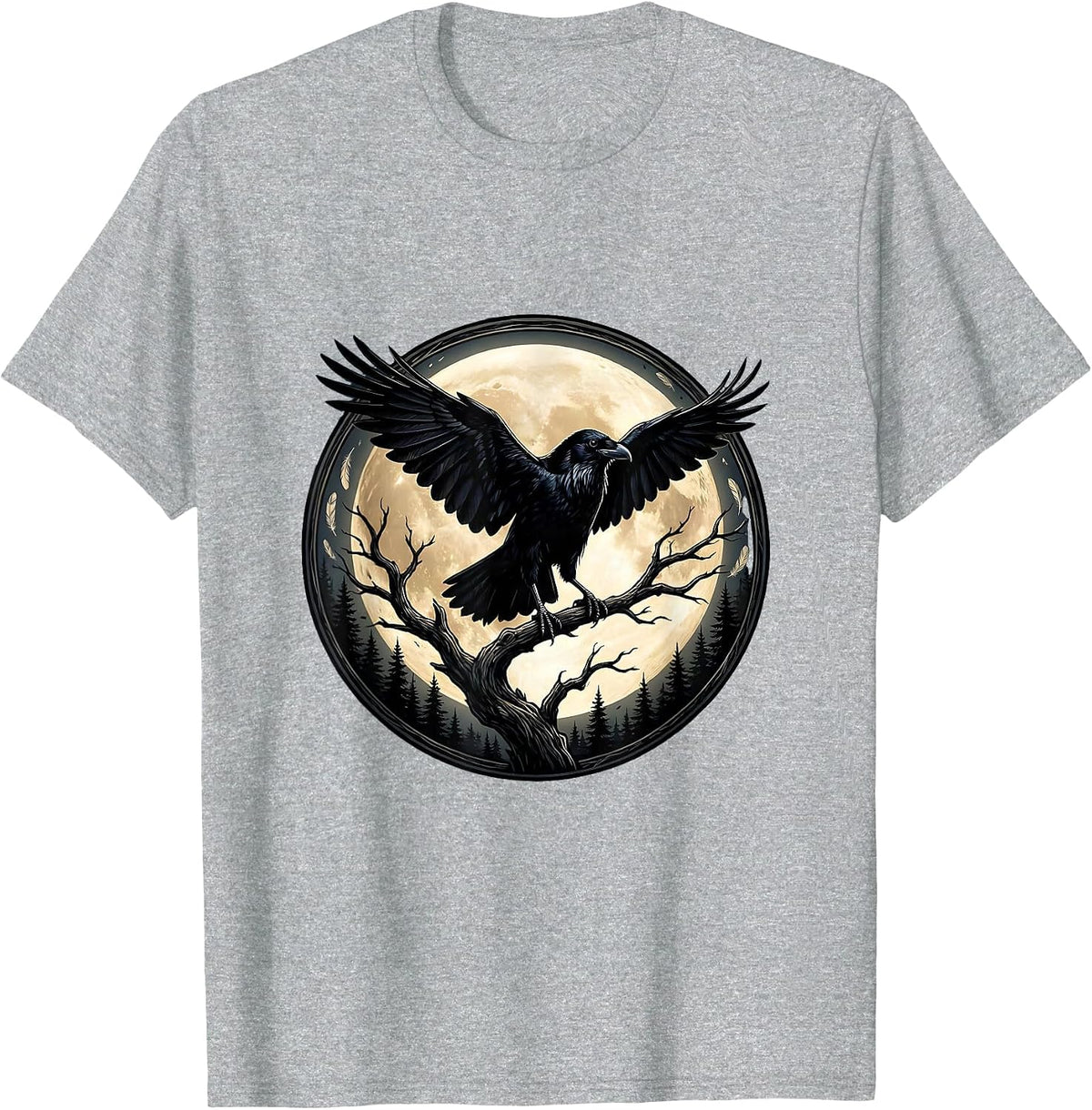 Men's Raven Silhouette Full Moon Gothic Night Sky T-Shirt - Heather Grey