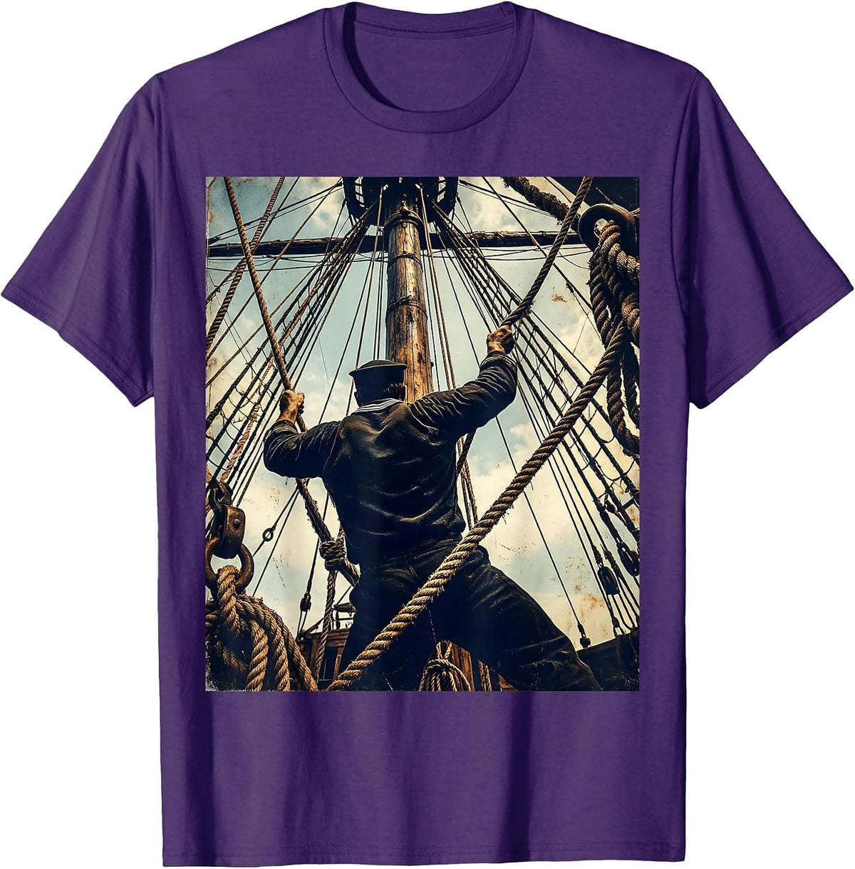Muscular Sailor Climbing Ship Rigging Graphic T-Shirt - Purple