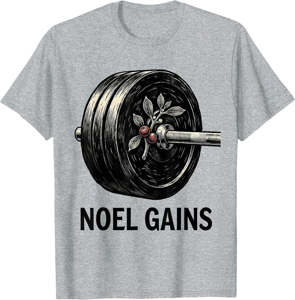 Men's Noel Gains Linocut Funny Christmas Weightlifting Gym Workout T-Shirt - Heather Grey