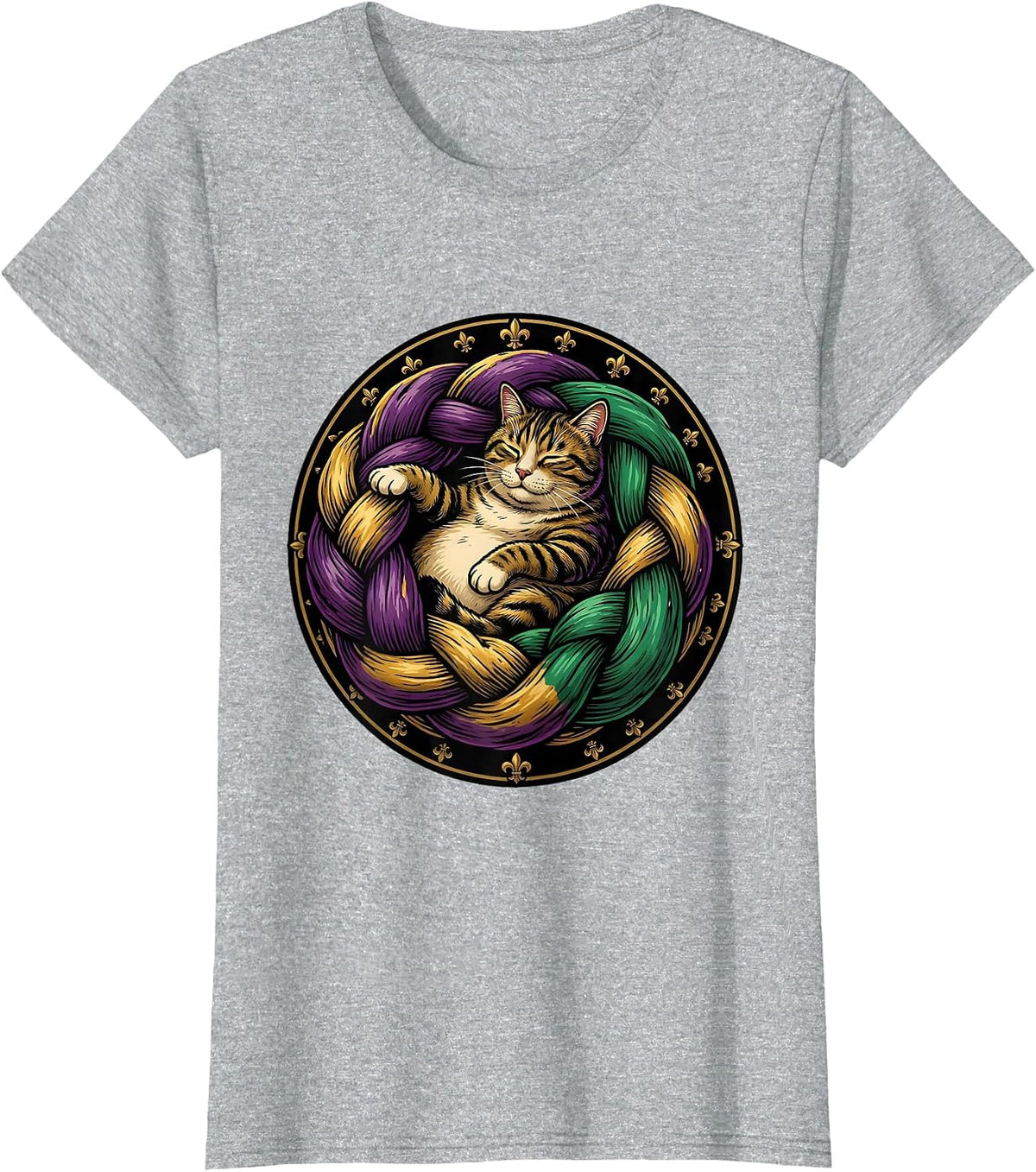 Women's Mardi Gras Cat Lounging in a King Cake T-Shirt - Heather Grey