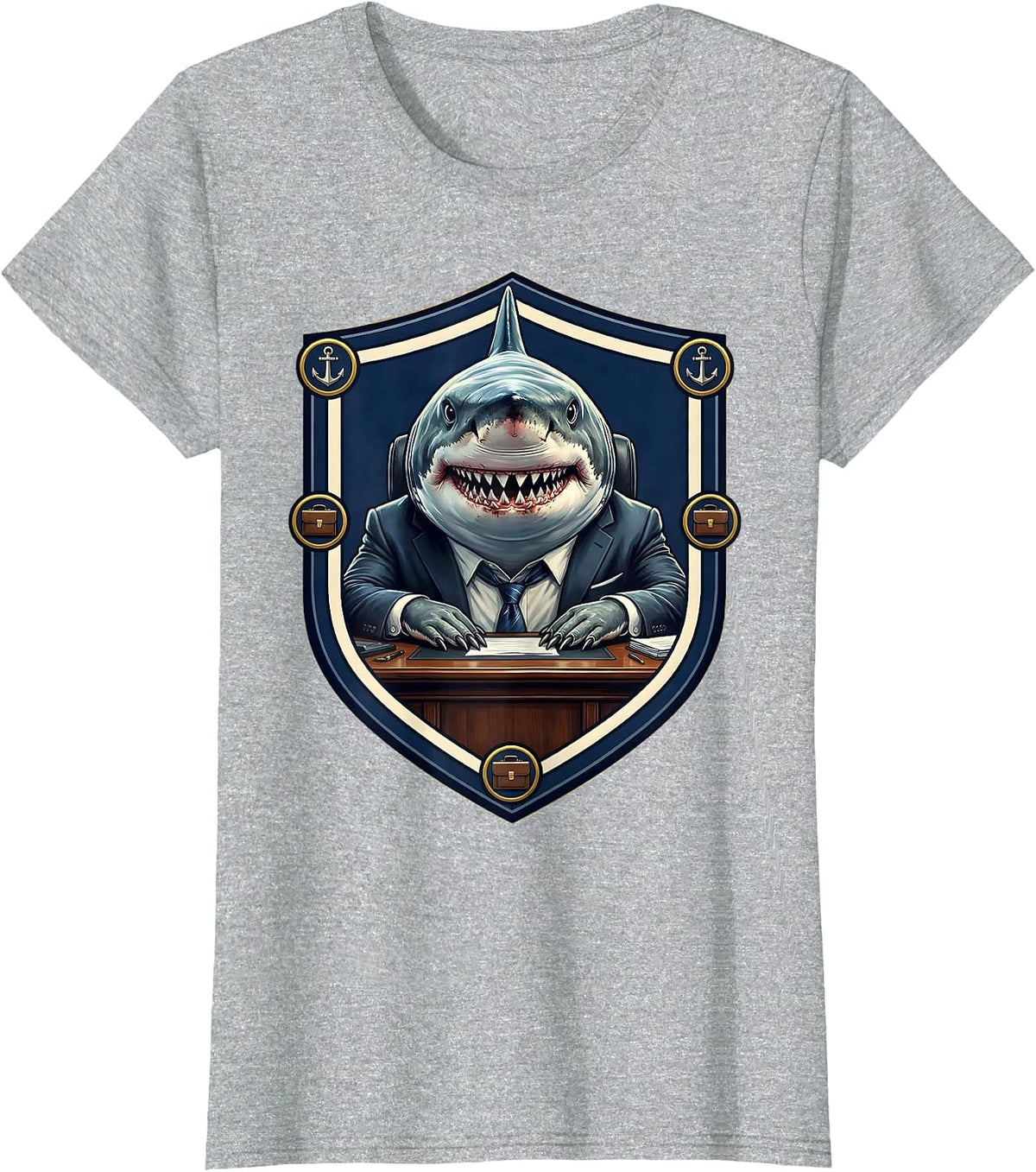 Shark in a Business Suit Office Desk Funny T-Shirt - Heather Grey