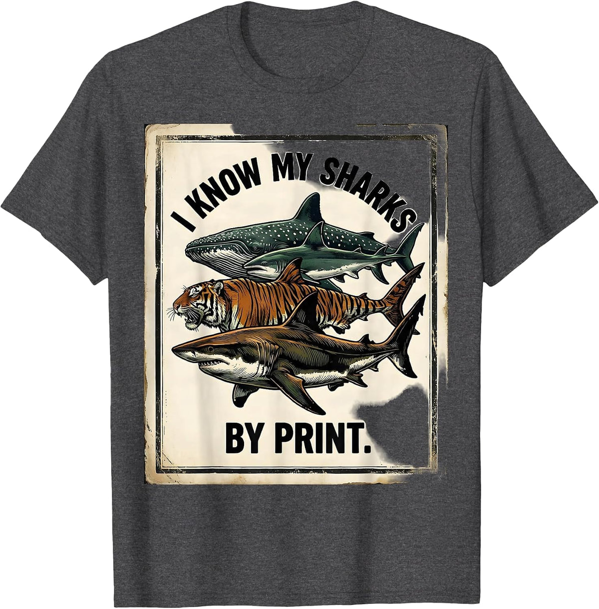 Men's I Know My Sharks By Print Vintage Shark Lover Ocean Wildlife T-Shirt - Dark Heather Grey