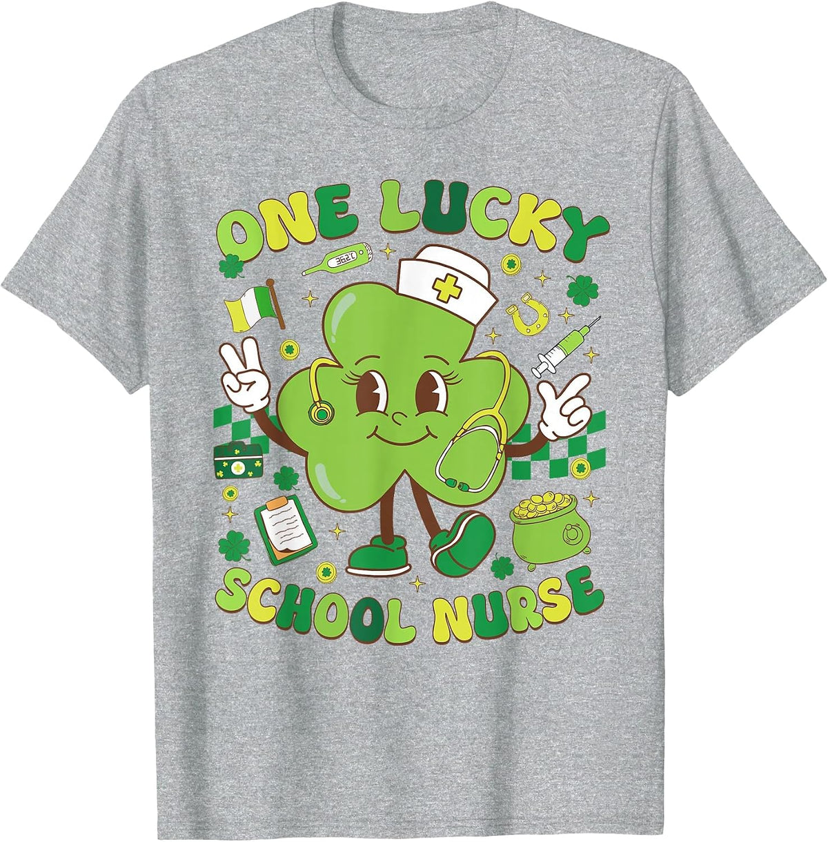 One Lucky School Nurse St Patrick's Day Spirit Shamrock T-Shirt - Heather Grey