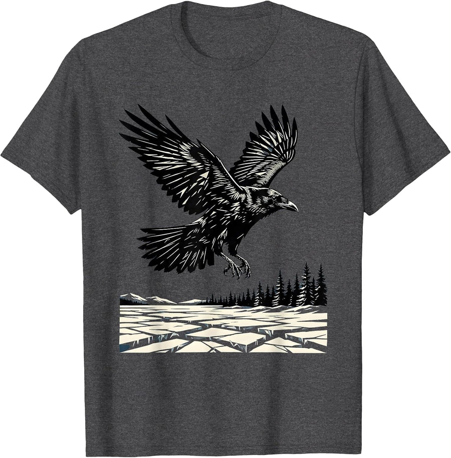 Men's Raven in Flight Over Frozen Tundra Landscape T-Shirt - Dark Heather Grey