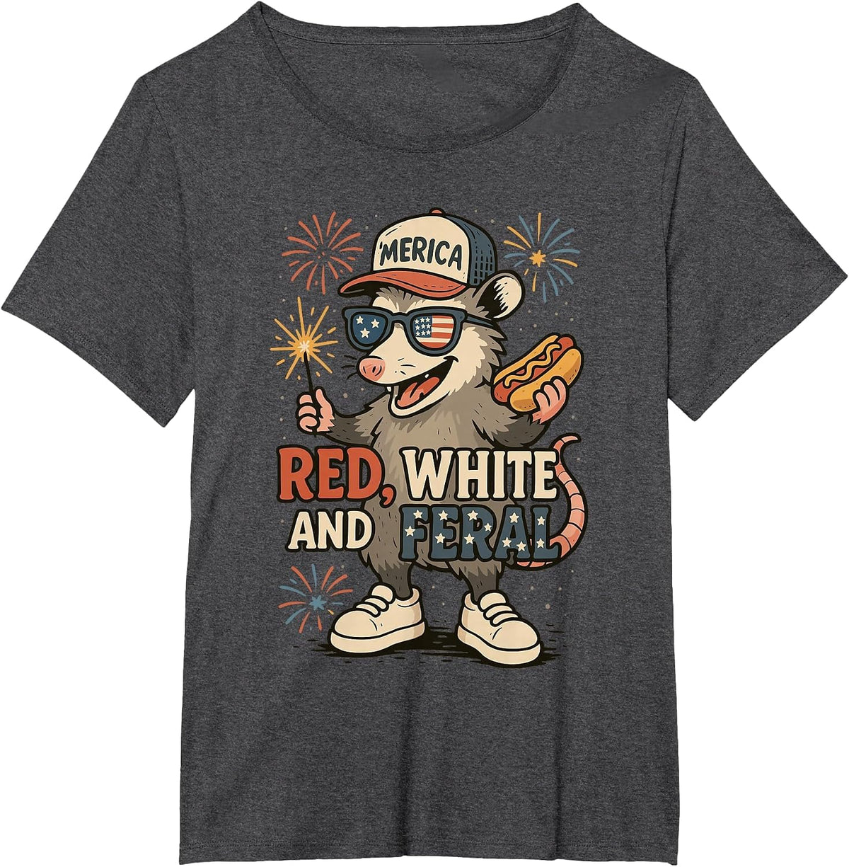 Red White and Feral Fireworks Opossum 4th of July Patriotic T-Shirt - Dark Heather Grey