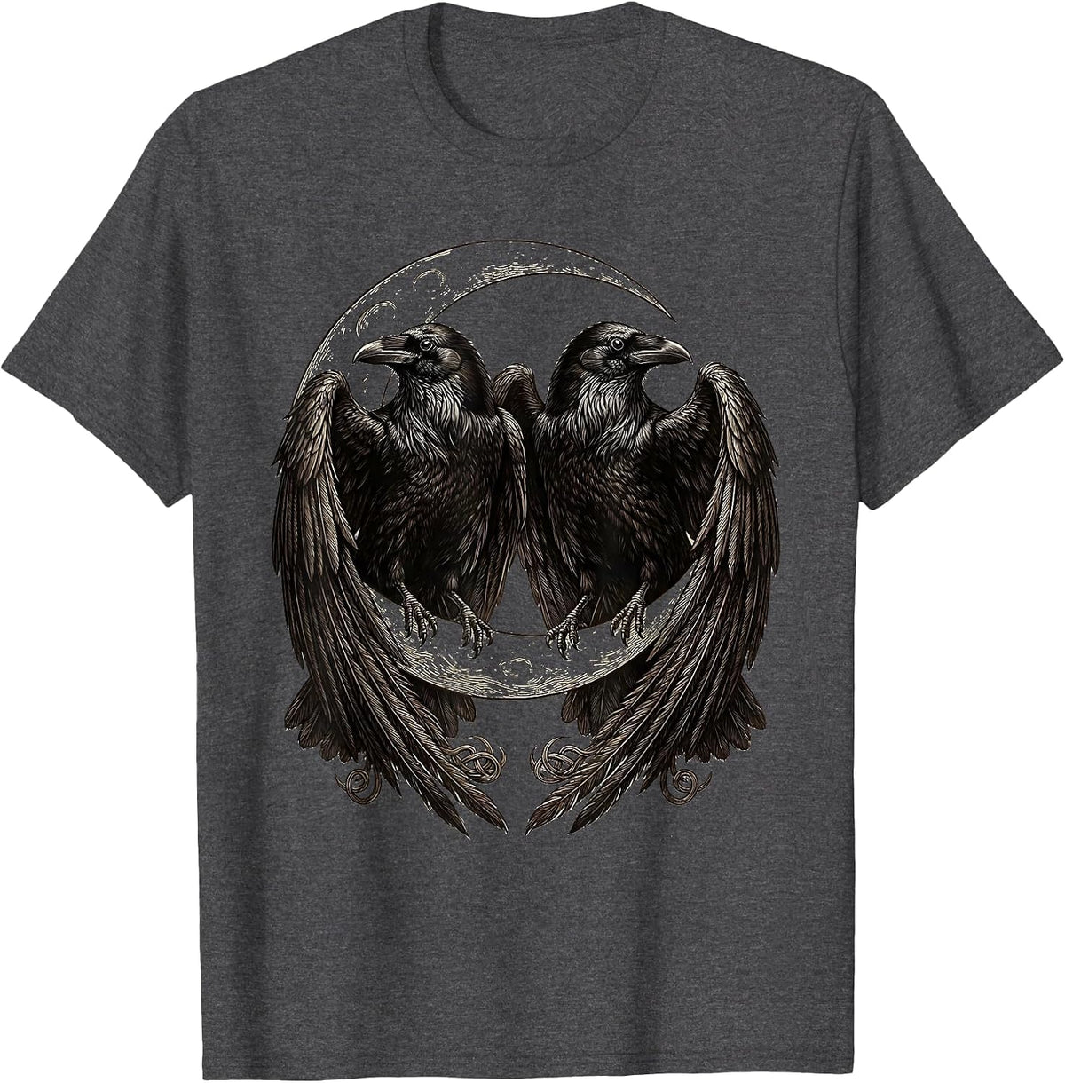 Odin's Ravens Crescent Moon Norse Mythology Design T-Shirt - Dark Heather Grey