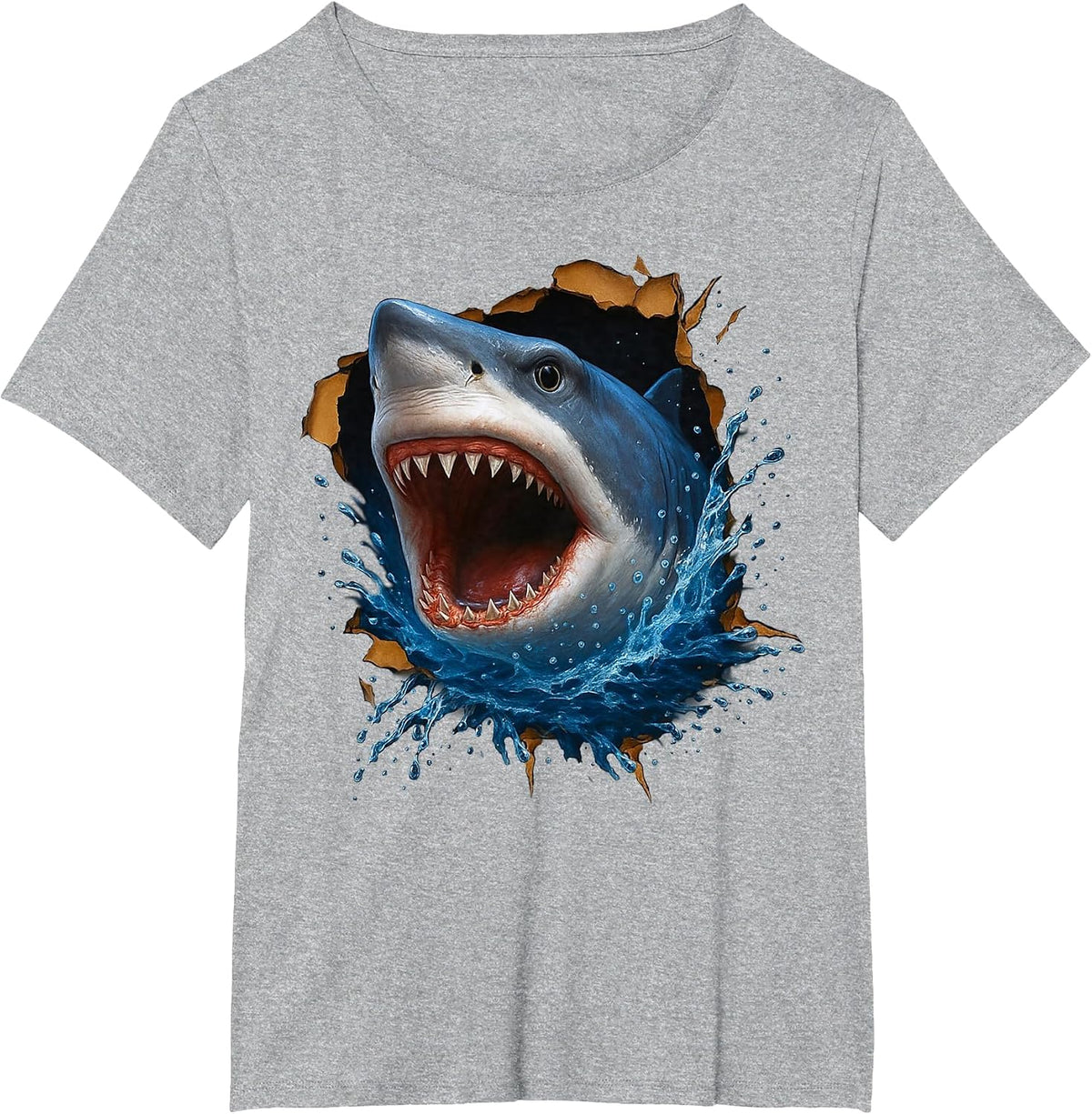 Great White Shark Torn Cloth Funny 3D Graphic T-Shirt - Heather Grey