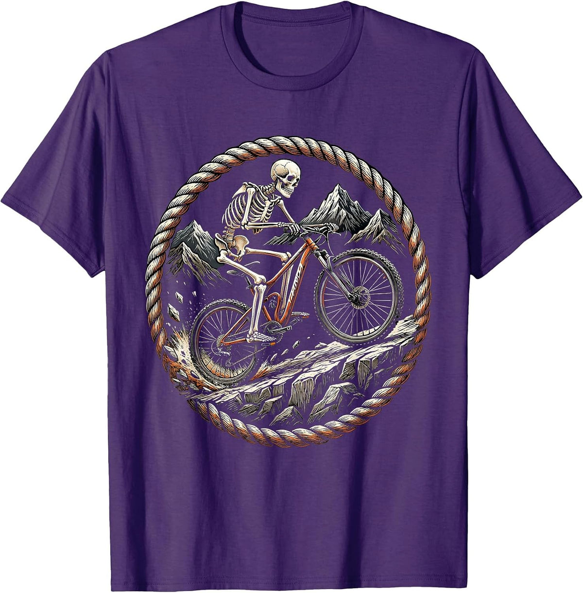Mountain Biker Skeleton Shredding Rocky Descent T-Shirt - Purple