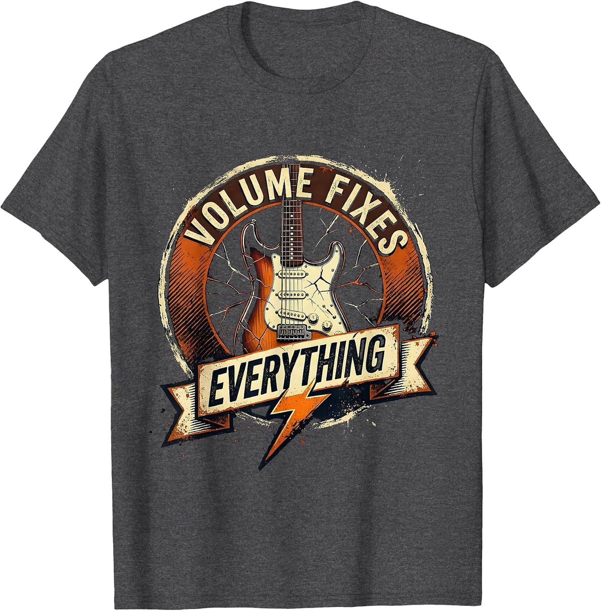 Men's Volume Fixes Everything 80s Rock Band Design T-Shirt - Dark Heather Grey