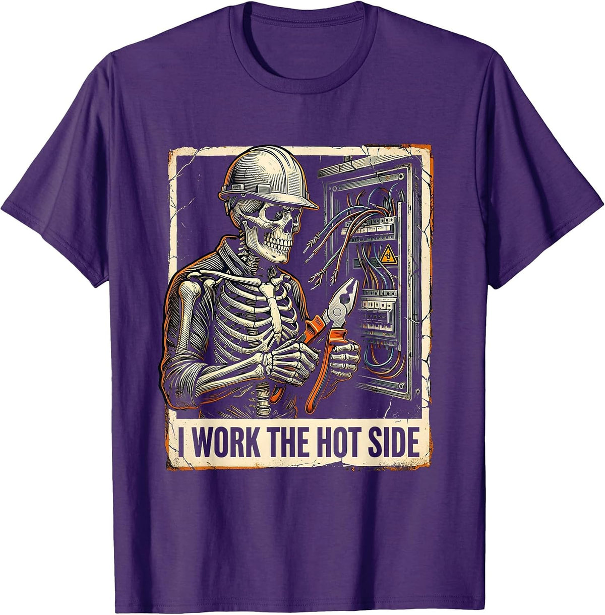I Work The Hot Side Funny Skeleton Electrician Lineman T-Shirt - Purple