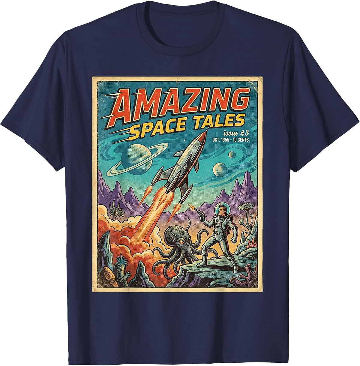 Vintage Sci-Fi Magazine Cover Amazing Space Tales Retro T-Shirt - Navy Blue