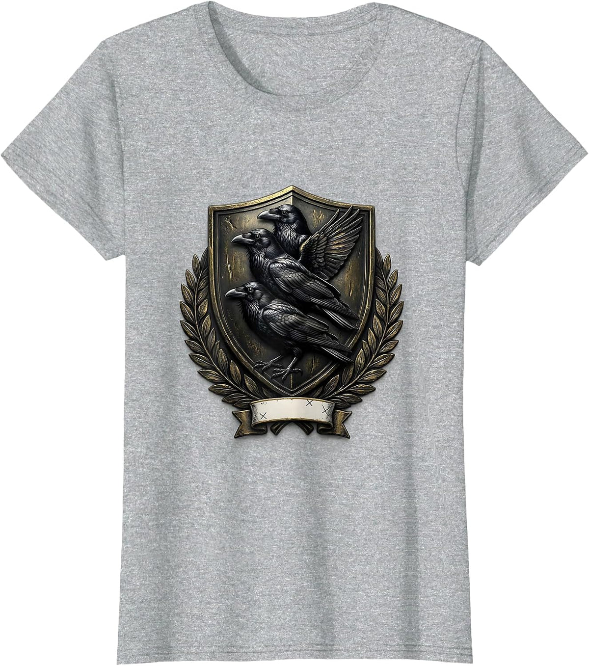 Women's Heraldic Crow Shield Dark Humor Bird Lover Emblem T-Shirt - Heather Grey
