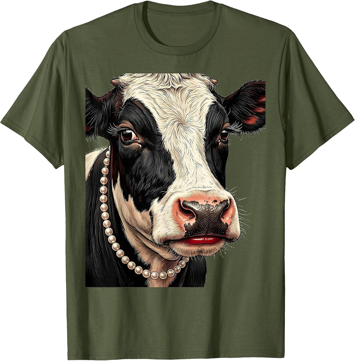 Glamorous Cow Pearl Necklace and Lipstick Design T-Shirt - Olive Green