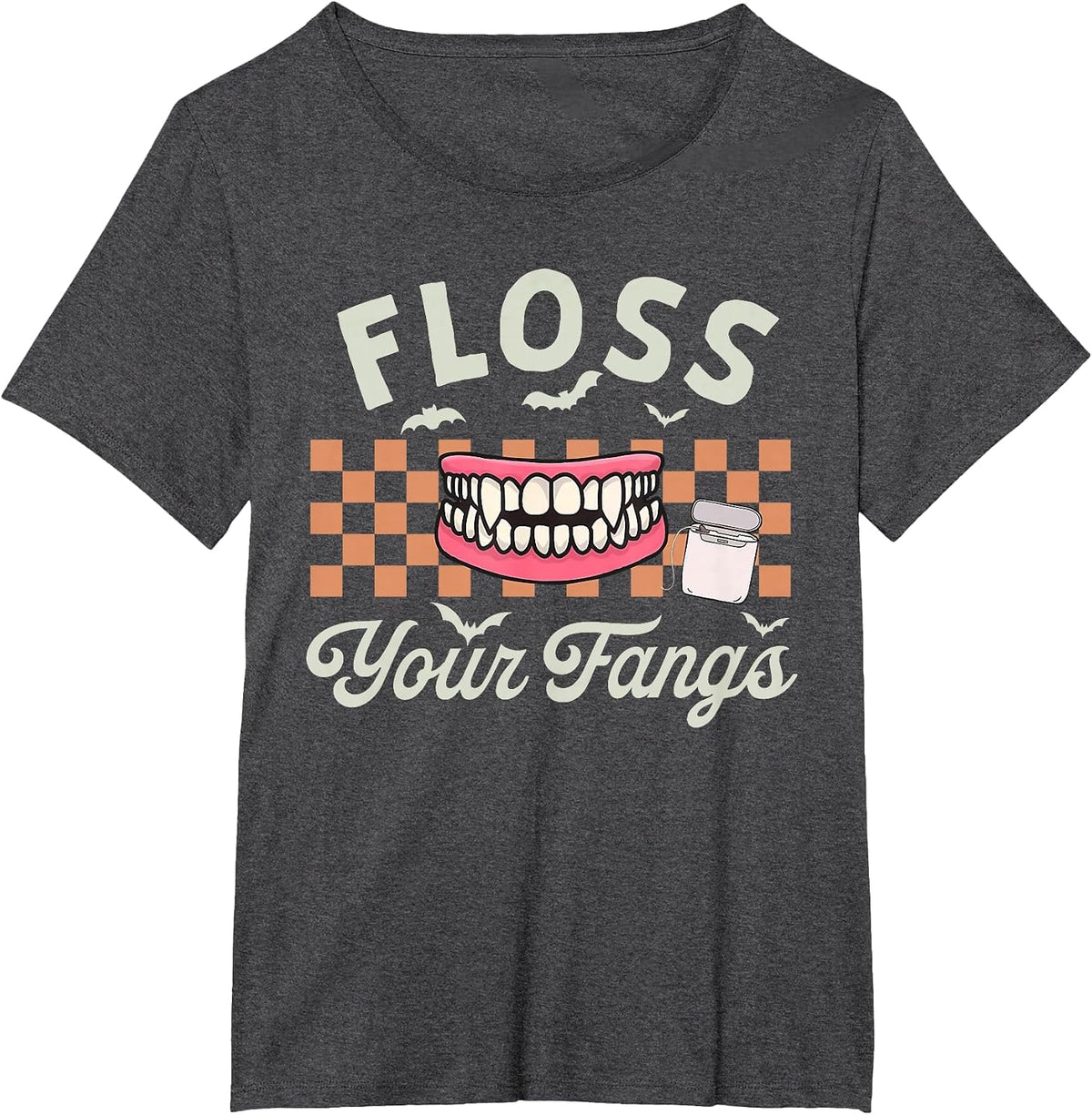 Retro Funny Teeth Floss Your Fangs Dentist Spooky Halloween T-Shirt - Dark Heather Grey