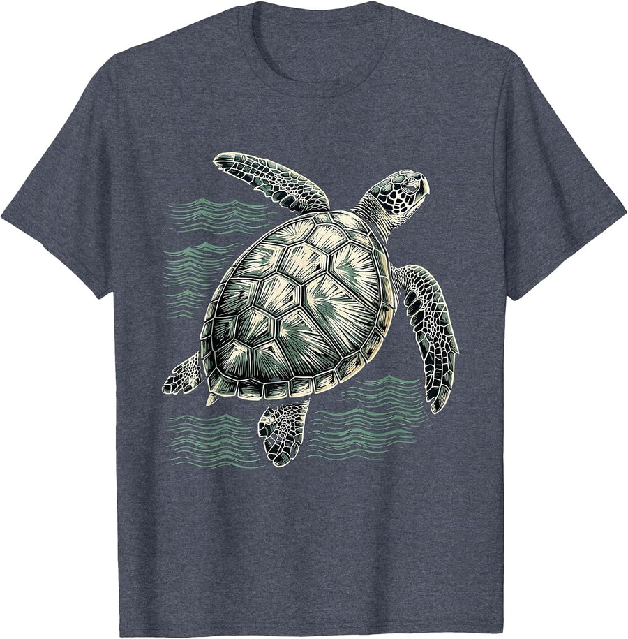 Sea Turtle Woodcut Engraving Ocean Animal Lover Artwork T-Shirt - Heather Blue